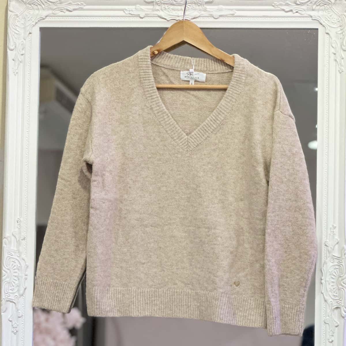 Pull col V beige femme