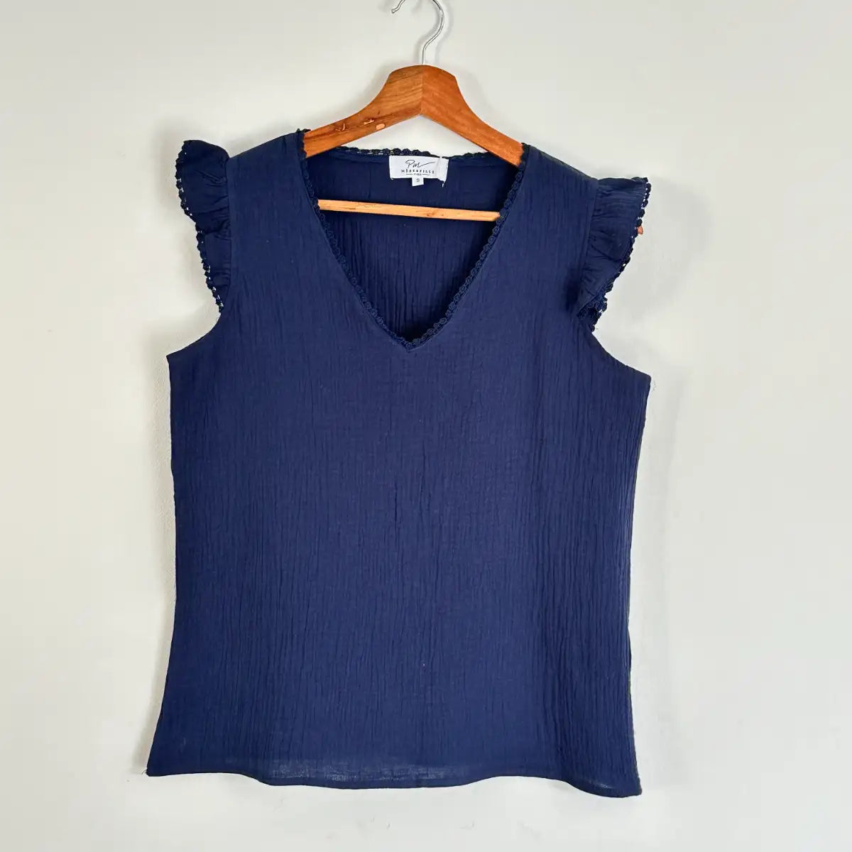 haut marine manches courtes en gaze de coton femme