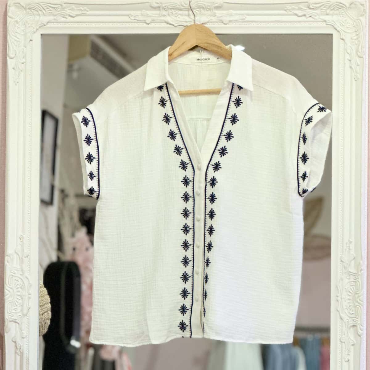 Haut gaze de coton broderie marine