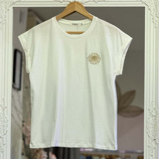 T shirt fleur dorée brodée femme