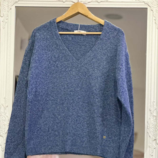 Pull col V bleu jean femme