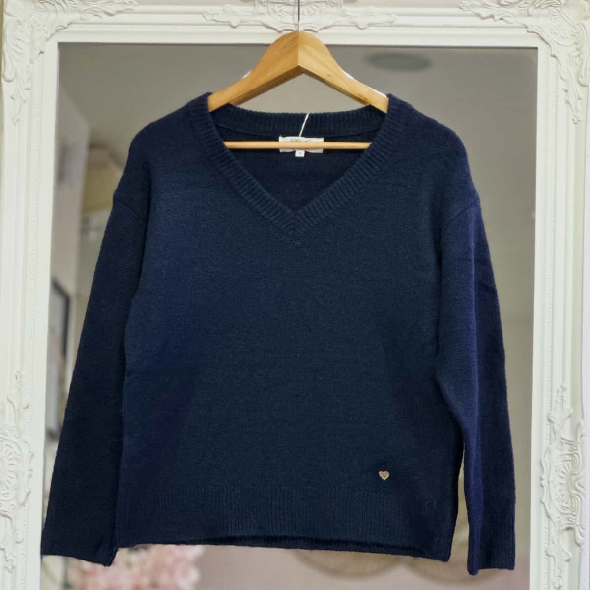 Pull col V marine femme