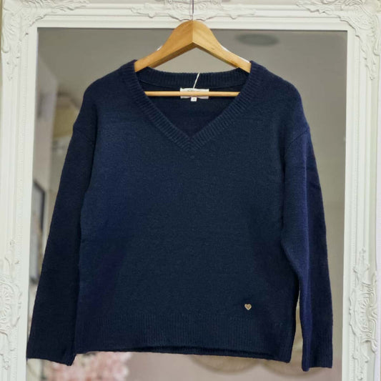 Pull col V marine femme