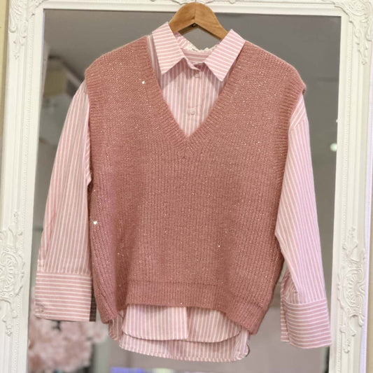 Pull sans manche rose pailleté