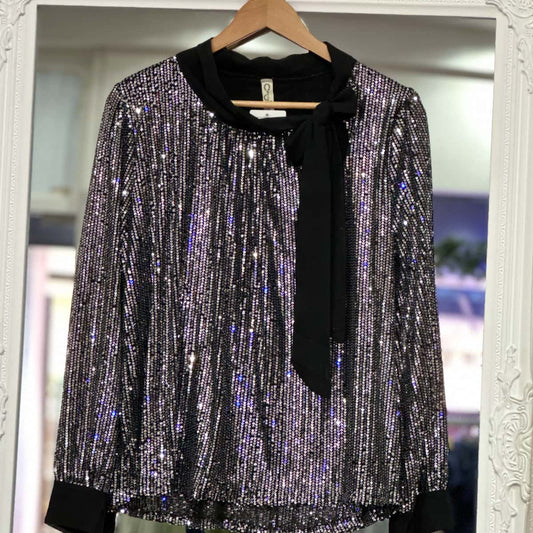 Haut paillette manches longues argent