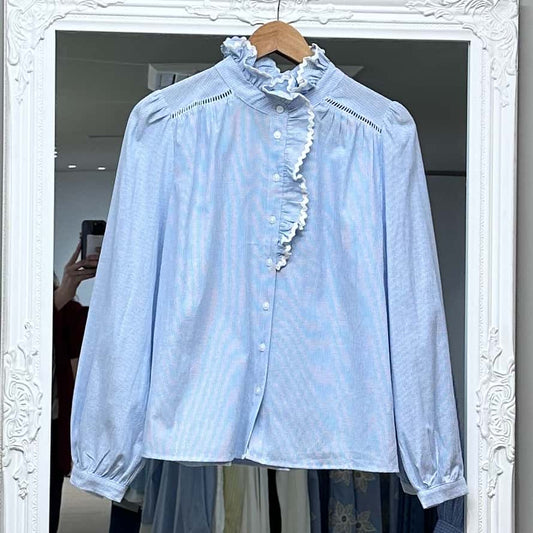 Chemise col froufrou majo rayée bleue
