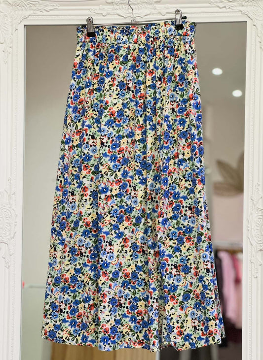 Jupe longue fleurie bleu femme