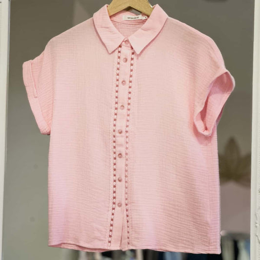 Chemise manches courtes gaze de coton rose