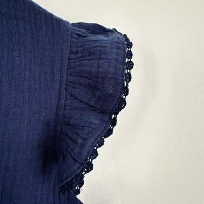 haut marine manches courtes en gaze de coton femme